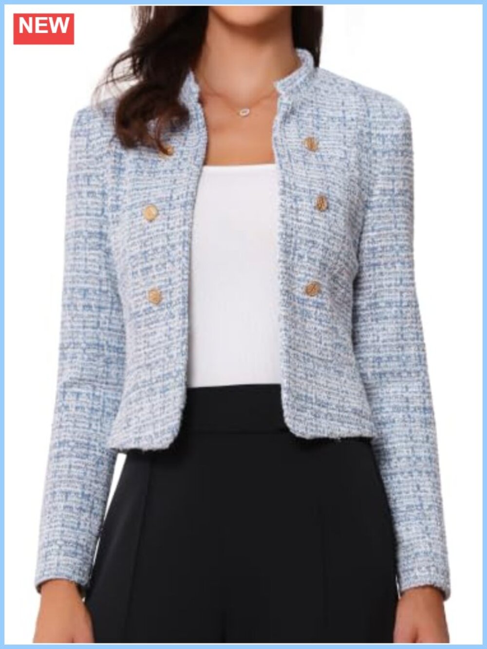 Vintage Tweed Cropped Blazer Business Open Front Stand Collar